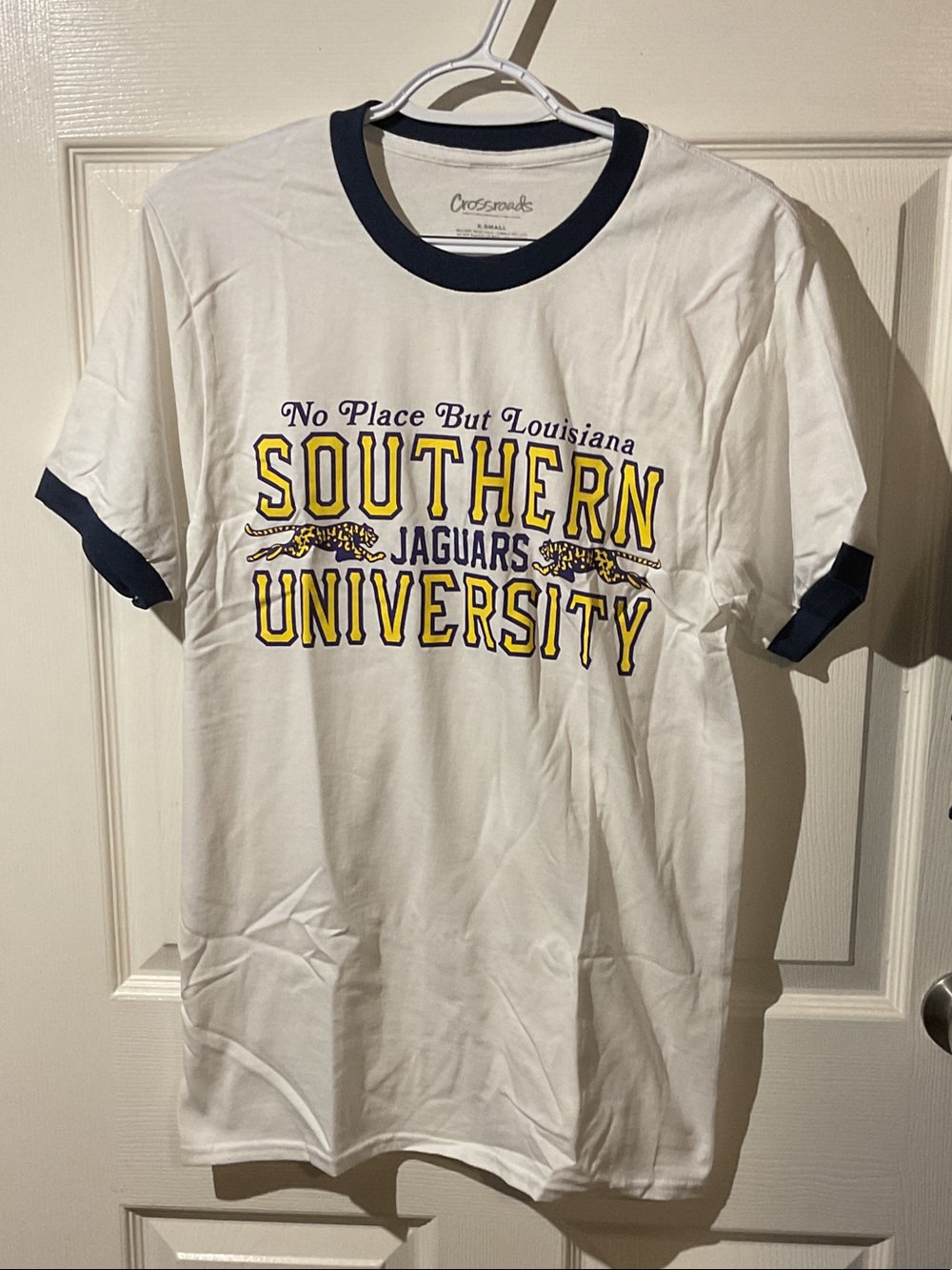 Southern University Jaguars White Ringer Tee with Navy Trim
